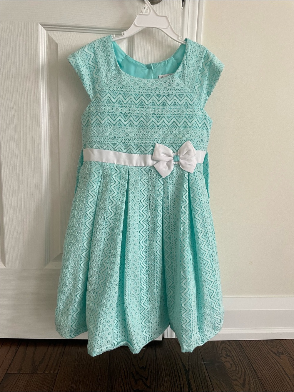 Jona Michelle Aqua Lace Dress with White Satin Bow
